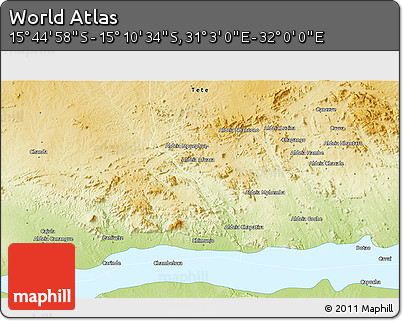 Physical 3D Map of the Area around 15° 27' 46" S, 31° 31' 29" E