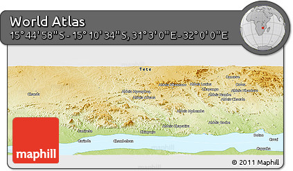 Physical Panoramic Map of the Area around 15° 27' 46" S, 31° 31' 29" E