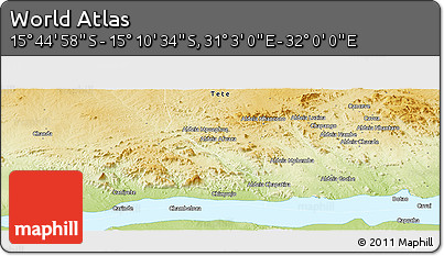 Physical Panoramic Map of the Area around 15° 27' 46" S, 31° 31' 29" E
