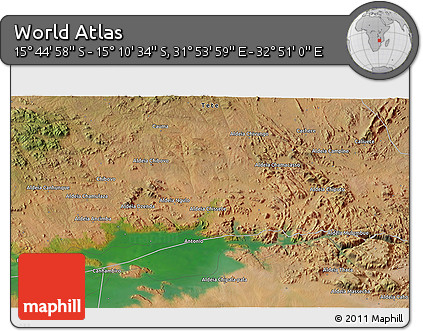 Satellite 3D Map of the Area around 15° 27' 46" S, 32° 22' 30" E