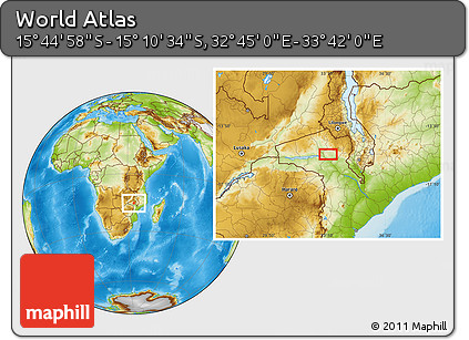 Physical Location Map of the Area around 15° 27' 46" S, 33° 13' 30" E