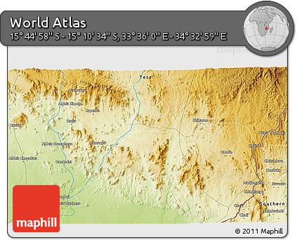 Physical 3D Map of the Area around 15° 27' 46" S, 34° 4' 30" E