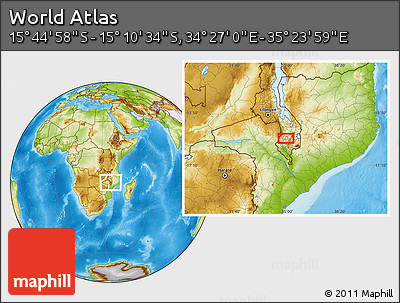 Physical Location Map of the Area around 15° 27' 46" S, 34° 55' 29" E