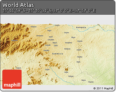 Physical 3D Map of the Area around 15° 27' 46" S, 37° 28' 30" E