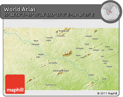 Physical 3D Map of the Area around 15° 27' 46" S, 38° 19' 30" E