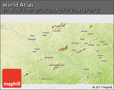 Physical 3D Map of the Area around 15° 27' 46" S, 38° 19' 30" E