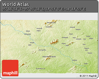 Physical 3D Map of the Area around 15° 27' 46" S, 38° 19' 30" E