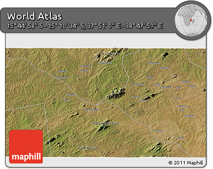 Satellite 3D Map of the Area around 15° 27' 46" S, 38° 19' 30" E