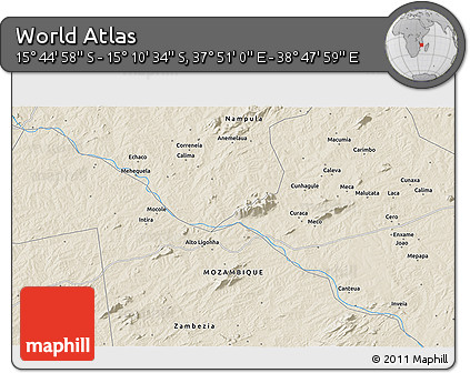 Shaded Relief 3D Map of the Area around 15° 27' 46" S, 38° 19' 30" E