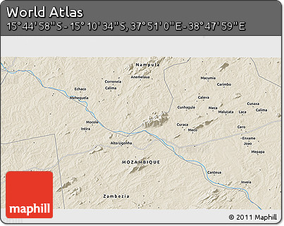 Shaded Relief 3D Map of the Area around 15° 27' 46" S, 38° 19' 30" E