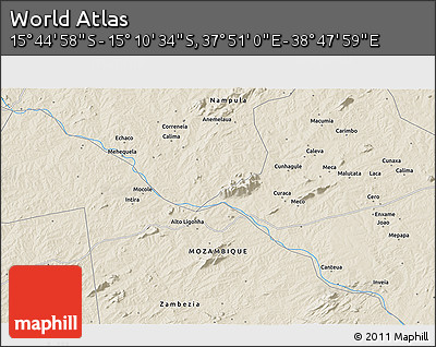Shaded Relief 3D Map of the Area around 15° 27' 46" S, 38° 19' 30" E