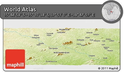 Physical Panoramic Map of the Area around 15° 27' 46" S, 38° 19' 30" E