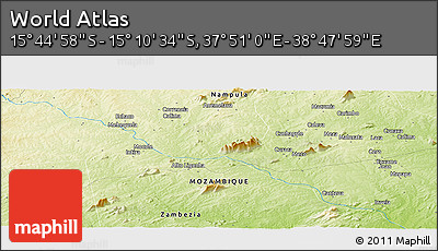 Physical Panoramic Map of the Area around 15° 27' 46" S, 38° 19' 30" E