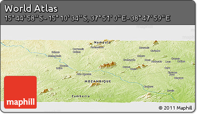 Physical Panoramic Map of the Area around 15° 27' 46" S, 38° 19' 30" E