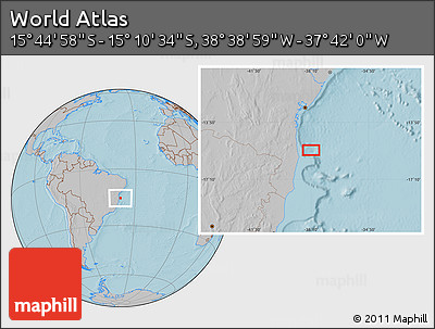 Gray Location Map of the Area around 15° 27' 46" S, 38° 10' 29" W, hill shading