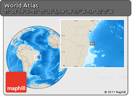 Shaded Relief Location Map of the Area around 15° 27' 46" S, 38° 10' 29" W