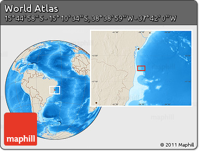 Shaded Relief Location Map of the Area around 15° 27' 46" S, 38° 10' 29" W