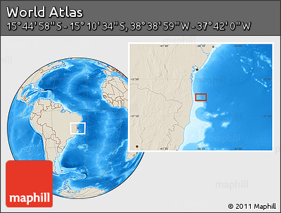 Shaded Relief Location Map of the Area around 15° 27' 46" S, 38° 10' 29" W