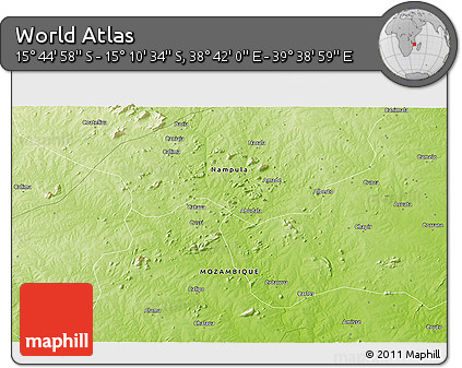 Physical 3D Map of the Area around 15° 27' 46" S, 39° 10' 29" E