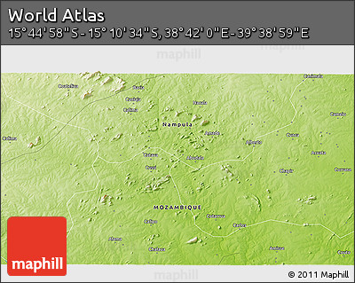 Physical 3D Map of the Area around 15° 27' 46" S, 39° 10' 29" E