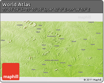 Physical 3D Map of the Area around 15° 27' 46" S, 39° 10' 29" E