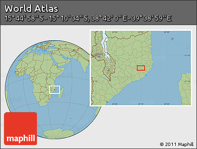 Savanna Style Location Map of the Area around 15° 27' 46" S, 39° 10' 29" E