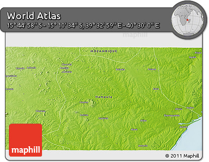 Physical 3D Map of the Area around 15° 27' 46" S, 40° 1' 29" E