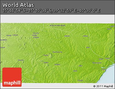 Physical 3D Map of the Area around 15° 27' 46" S, 40° 1' 29" E