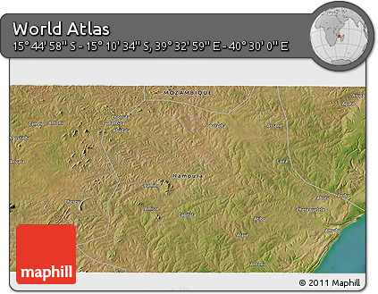 Satellite 3D Map of the Area around 15° 27' 46" S, 40° 1' 29" E