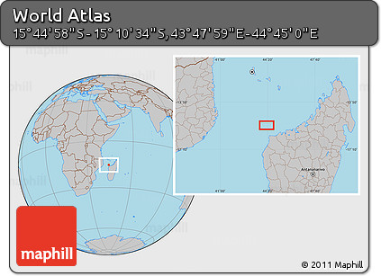 Gray Location Map of the Area around 15° 27' 46" S, 44° 16' 29" E