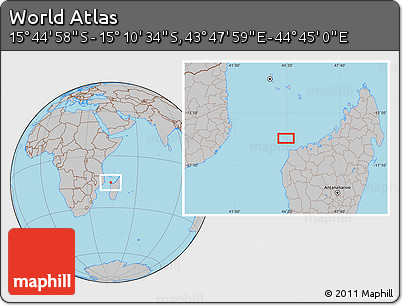 Gray Location Map of the Area around 15° 27' 46" S, 44° 16' 29" E
