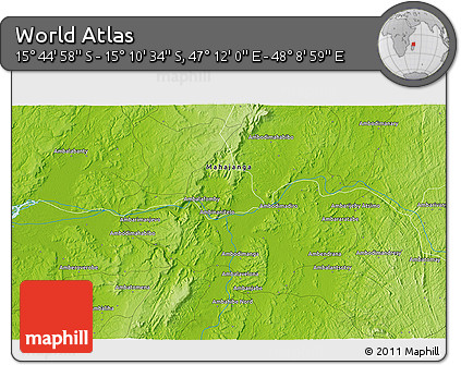 Physical 3D Map of the Area around 15° 27' 46" S, 47° 40' 29" E