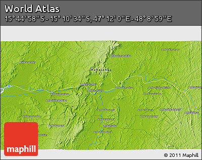 Physical 3D Map of the Area around 15° 27' 46" S, 47° 40' 29" E