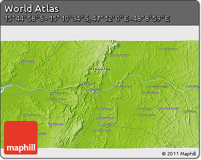 Physical 3D Map of the Area around 15° 27' 46" S, 47° 40' 29" E