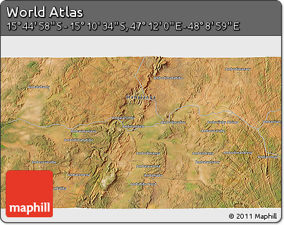 Satellite 3D Map of the Area around 15° 27' 46" S, 47° 40' 29" E