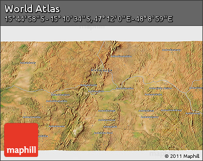 Satellite 3D Map of the Area around 15° 27' 46" S, 47° 40' 29" E