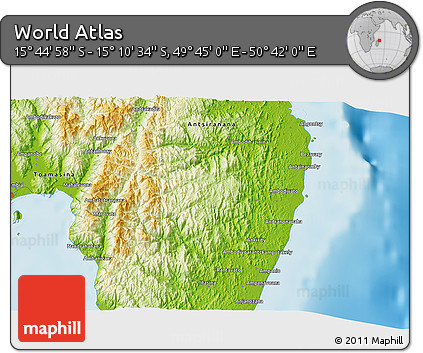 Physical 3D Map of the Area around 15° 27' 46" S, 50° 13' 30" E