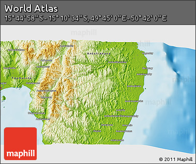 Physical 3D Map of the Area around 15° 27' 46" S, 50° 13' 30" E