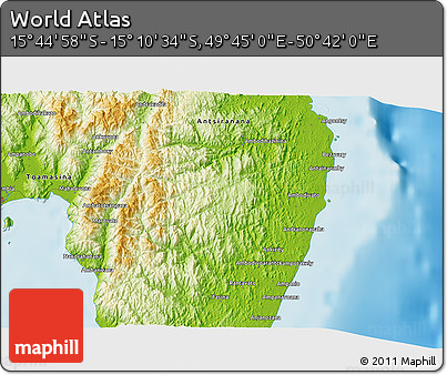 Physical 3D Map of the Area around 15° 27' 46" S, 50° 13' 30" E