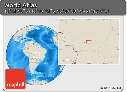 Shaded Relief Location Map of the Area around 15° 27' 46" S, 55° 10' 29" W