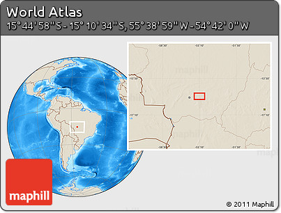 Shaded Relief Location Map of the Area around 15° 27' 46" S, 55° 10' 29" W