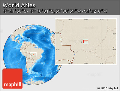 Shaded Relief Location Map of the Area around 15° 27' 46" S, 55° 10' 29" W