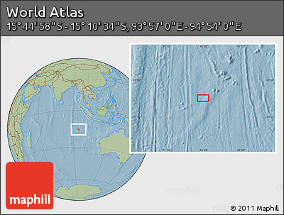 Savanna Style Location Map of the Area around 15° 27' 46" S, 94° 25' 30" E, hill shading