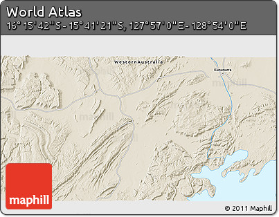 Shaded Relief 3D Map of the Area around 15° 58' 32" S, 128° 25' 30" E