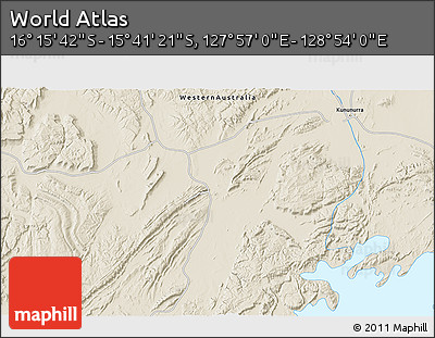 Shaded Relief 3D Map of the Area around 15° 58' 32" S, 128° 25' 30" E