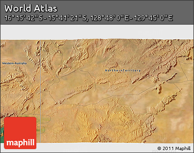Satellite 3D Map of the Area around 15° 58' 32" S, 129° 16' 30" E