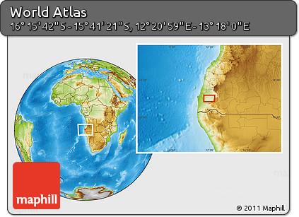 Physical Location Map of the Area around 15° 58' 32" S, 12° 49' 29" E