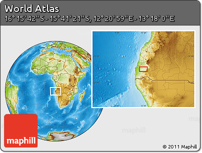Physical Location Map of the Area around 15° 58' 32" S, 12° 49' 29" E