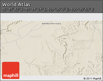 Shaded Relief 3D Map of the Area around 15° 58' 32" S, 130° 7' 30" E