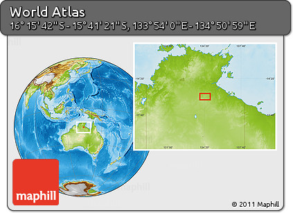 Physical Location Map of the Area around 15° 58' 32" S, 134° 22' 30" E